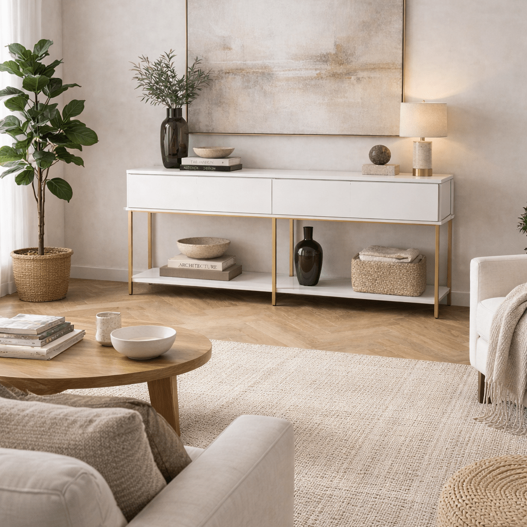 Modern Dressoir Wit Lord  150x30x80 - Gouden Frame - Twee Vakken