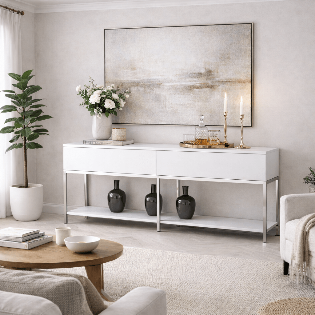 Modern Dressoir Wit Lord  150x30x80 - Zilver Frame - Twee Vakken