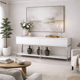 Modern Dressoir Wit Lord  150x30x80 - Zilver Frame - Twee Vakken