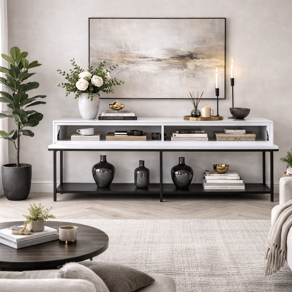 Modern Dressoir Wit Lord  150x30x80 - Zwart Frame - Twee Vakken