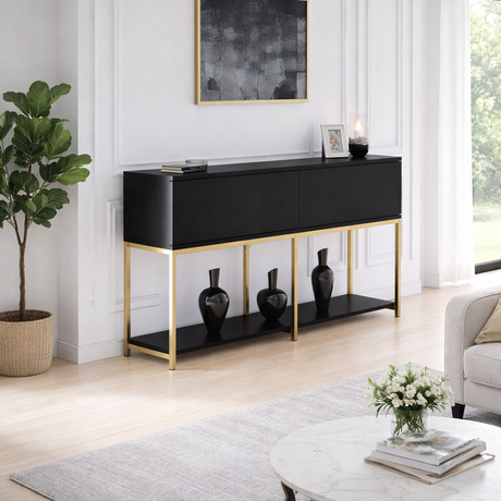 Modern Dressoir Zwart Lord 150x30x80 - Gouden Frame - Twee Vakken