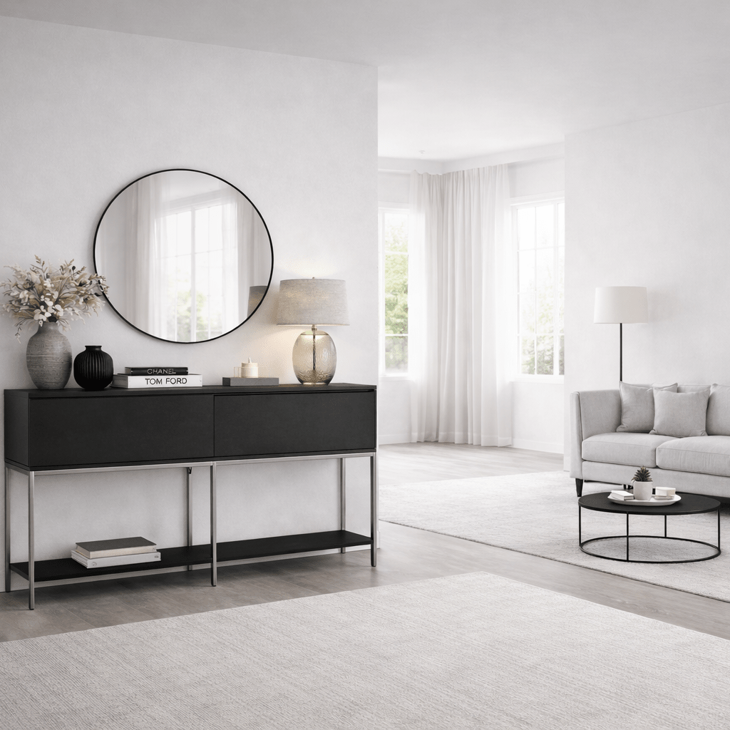 Modern Dressoir Zwart Lord 150x30x80 - Zilver Frame - Twee Vakken