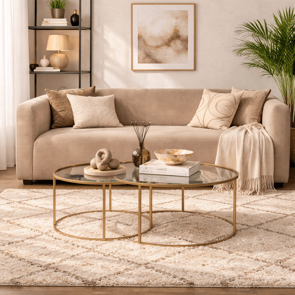 Moderne Ronde Salontafel Set van 2 Uru Goud - Transparant Glas - 80/60 cm