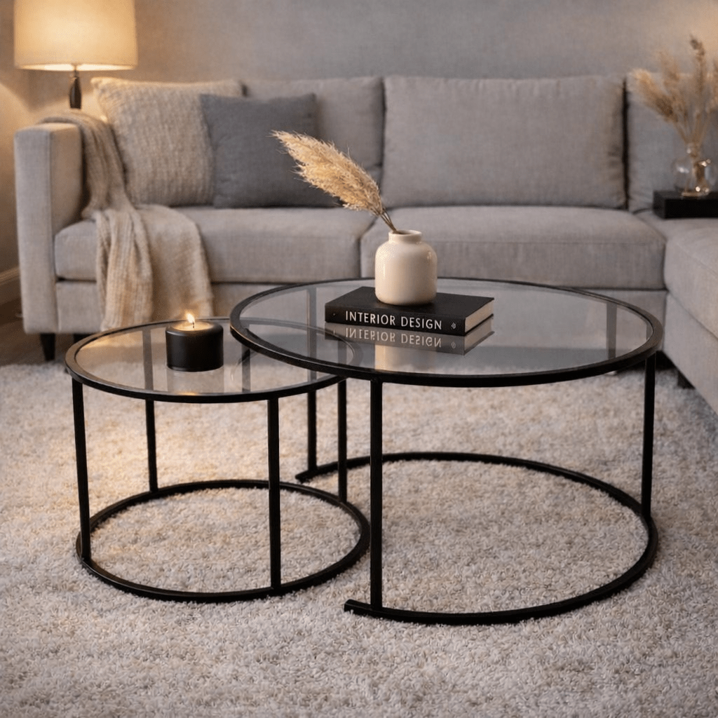 Moderne Ronde Salontafel Set van 2 Uru Zwart - Transparant Glas - 80/60 cm