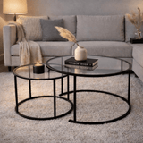 Moderne Ronde Salontafel Set van 2 Uru Zwart - Transparant Glas - 80/60 cm