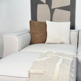 Modulaire hoekbank met losse hocker ecru beige linnen stof Fora - links