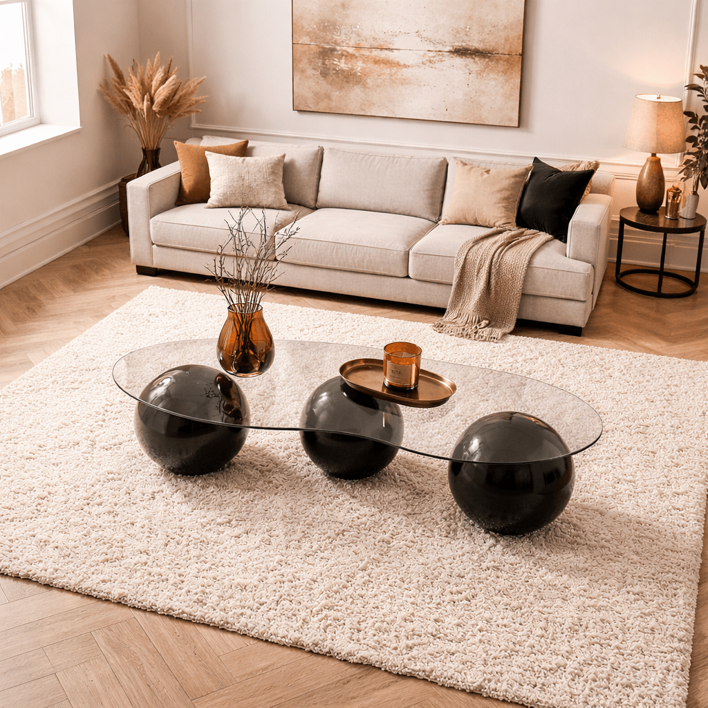 Organische salontafel brons getint glas zwarte bolpoten Sphere 120x70 cm