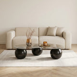 Organische salontafel brons getint glas zwarte bolpoten Sphere 120x70 cm