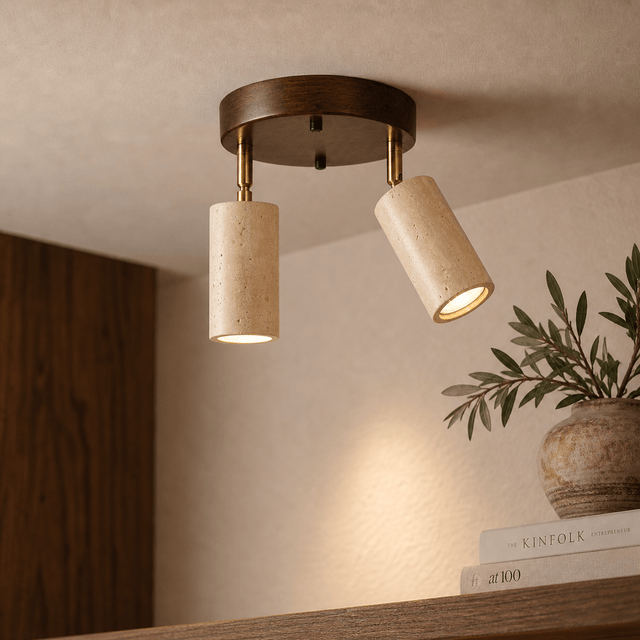 Hanglampen - Plafondlamp spot – Walnoot & Travertin - set van 2 - Akari - Dimehouse