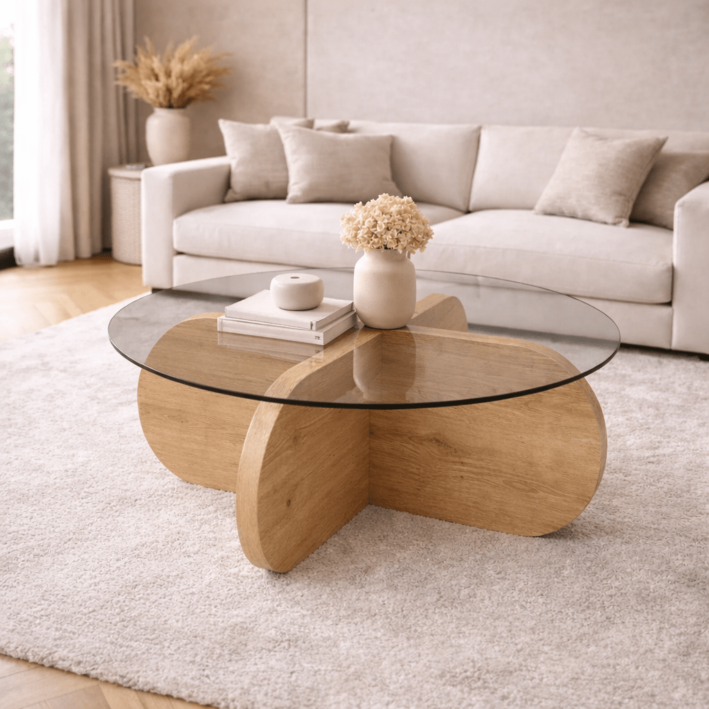 Ronde salontafel Aris eiken look melamine en transparant glas 75 cm