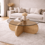 Ronde salontafel Aris eiken look melamine en transparant glas 75 cm