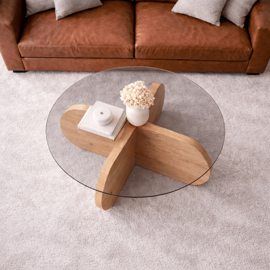 Ronde salontafel Aris eiken look melamine en transparant glas 75 cm