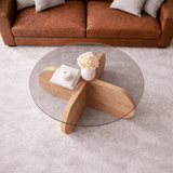 Ronde salontafel Aris eiken look melamine en transparant glas 75 cm