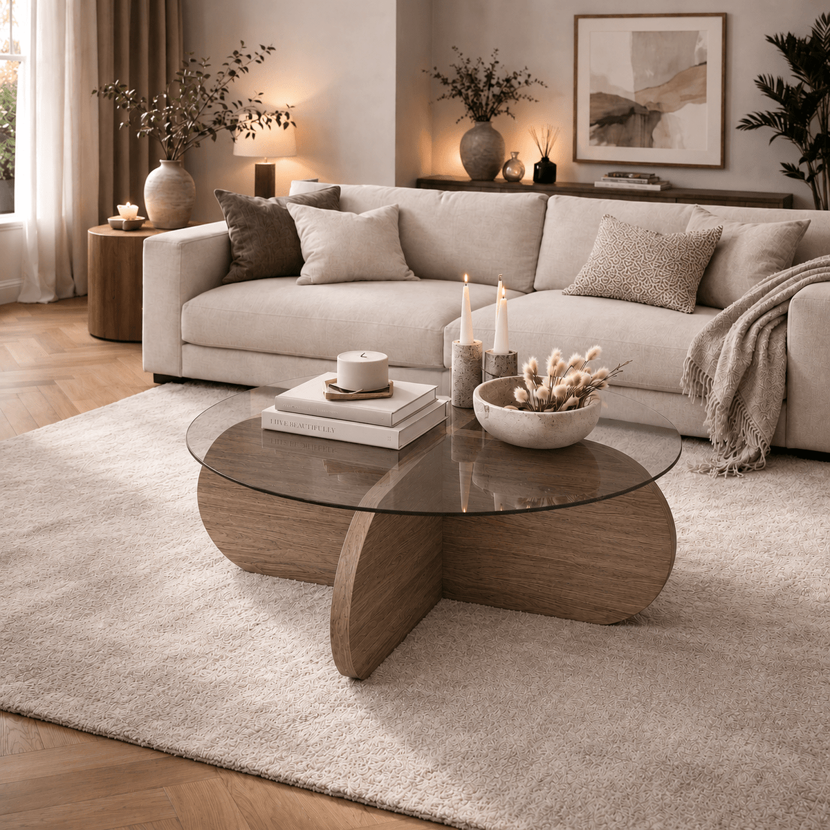 Ronde salontafel Aris walnoot melamine en transparant glas 75 cm ...
