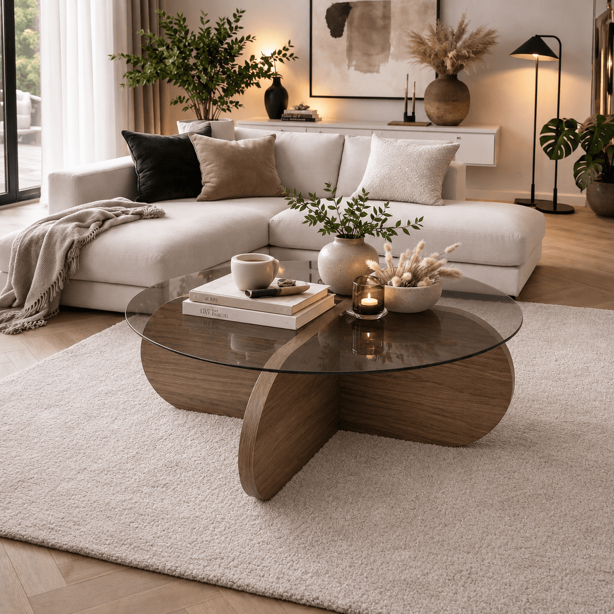 Ronde salontafel Aris walnoot melamine en transparant glas 75 cm ...