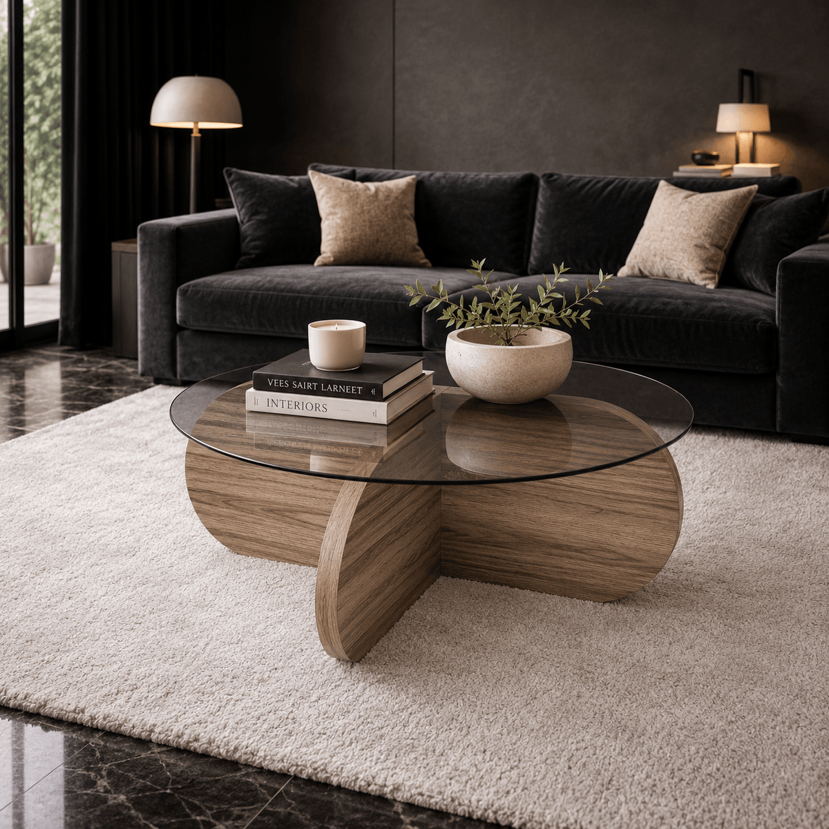 Ronde salontafel Aris walnoot melamine en transparant glas 75 cm ...