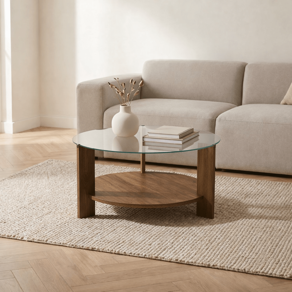Ronde salontafel walnoot melamine transparant glas Ø75 cm - Cairo ...