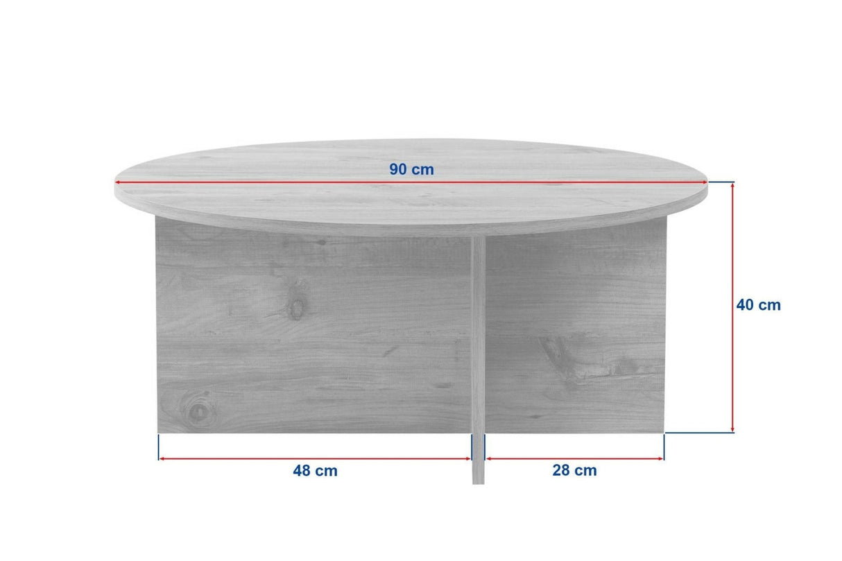 Witfoto met afmetingen ronde salontafel met travertin blad en donker houten onderstel in kruisvorm.