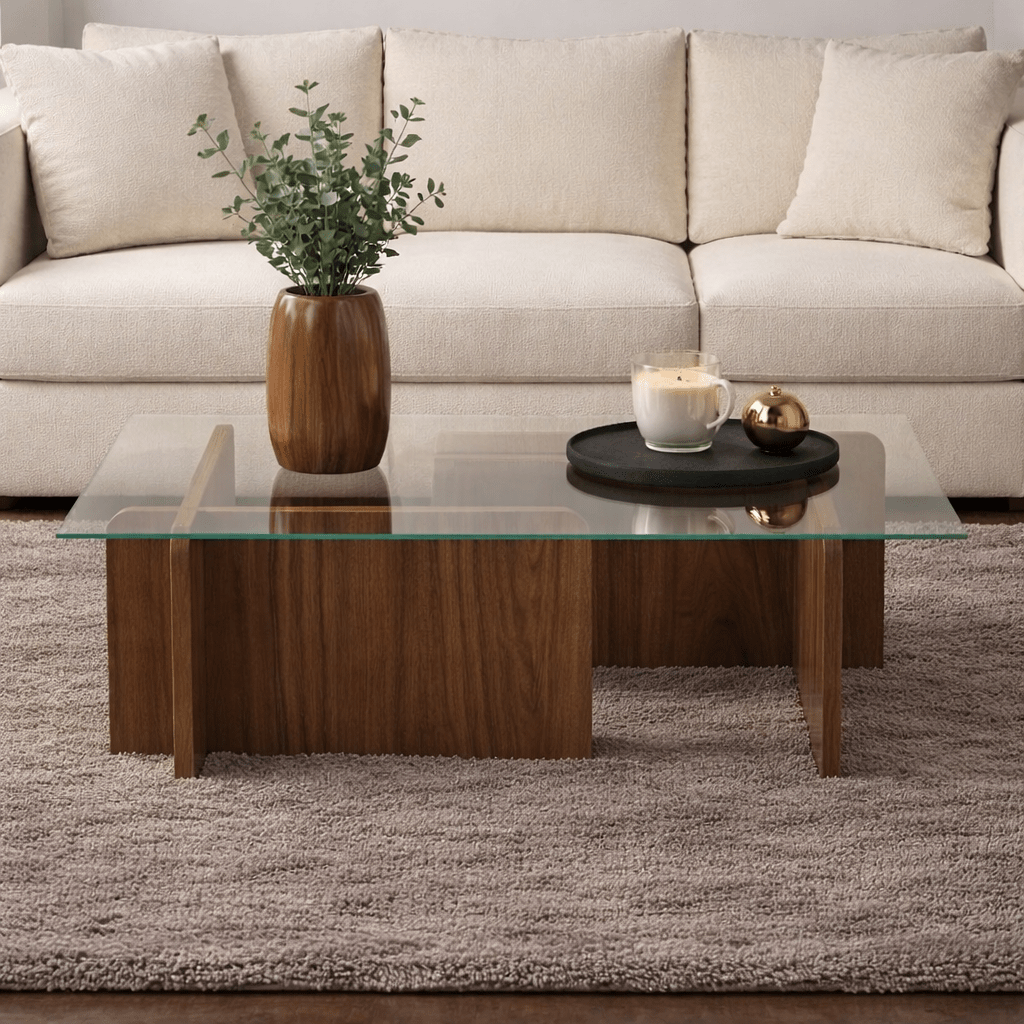 Salontafels - Salontafel Naturel Walnoot Glas Opal 105x65x30 cm - Dimehouse