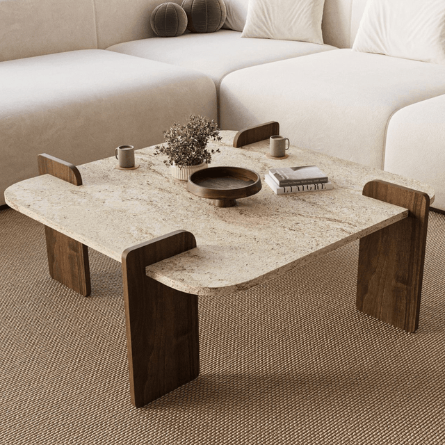 Salontafels - Japandi salontafel travertin met walnoot - melamine - 90 x 90 cm - Alfro - Dimehouse