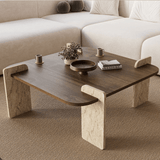 Salontafels - Japandi salontafel walnoot met travertin - melamine - 90 x 90 cm - Alfro - Dimehouse