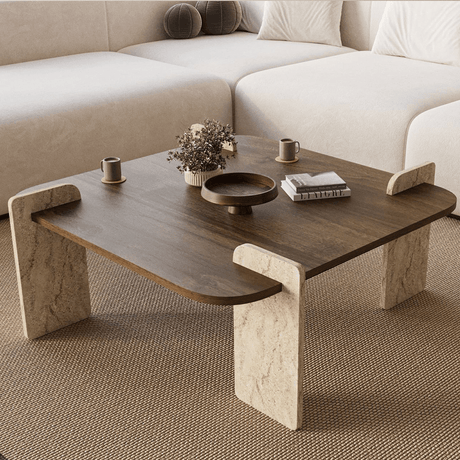 Salontafels - Japandi salontafel walnoot met travertin - melamine - 90 x 90 cm - Alfro - Dimehouse