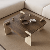 Salontafels - Japandi salontafel walnoot met travertin - melamine - 90 x 90 cm - Alfro - Dimehouse