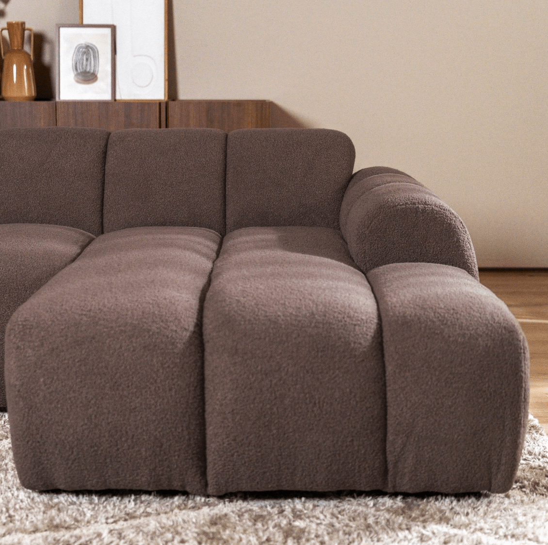 Banken-Hoekbank met lounge zacht bruin bouclé stof - strepen - rechts - Brix-Dimehouse