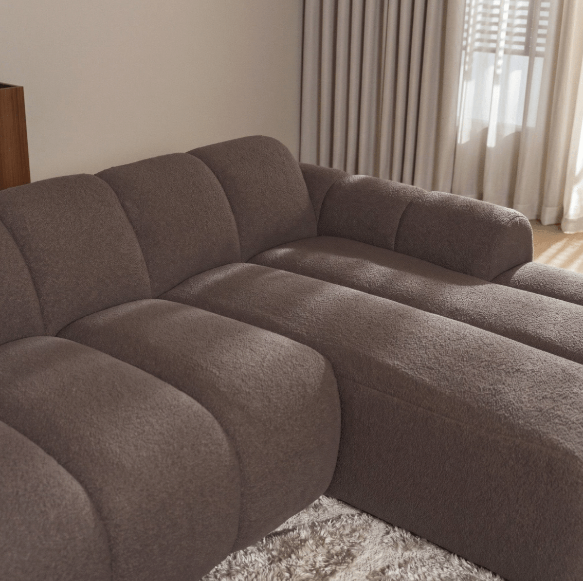 Banken-Hoekbank met lounge zacht bruin bouclé stof - strepen - rechts - Brix-Dimehouse