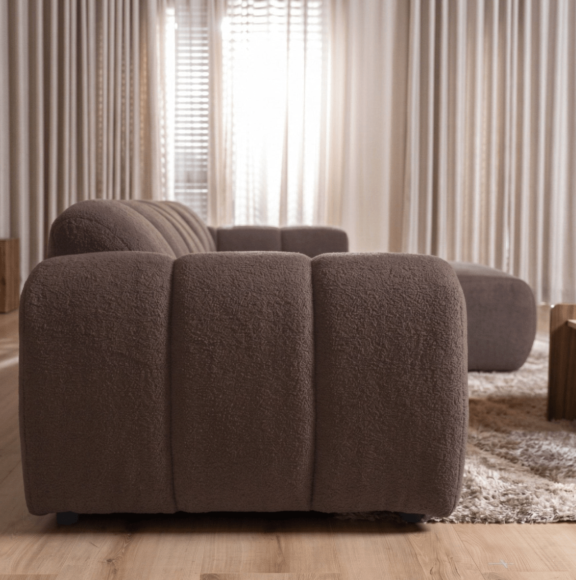 Banken-Hoekbank met lounge zacht bruin bouclé stof - strepen - rechts - Brix-Dimehouse