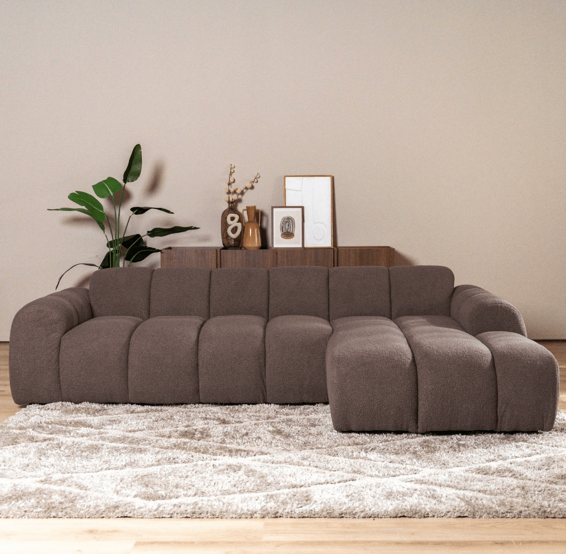 Banken-Hoekbank met lounge zacht bruin bouclé stof - strepen - rechts - Brix-Dimehouse