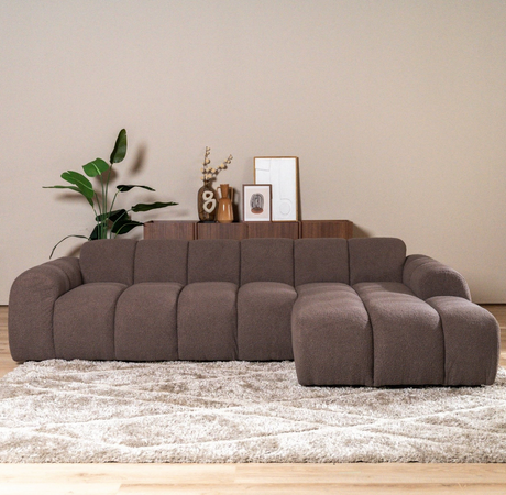 Hoekbank met lounge zacht bruin bouclé stof - strepen - rechts - Brix