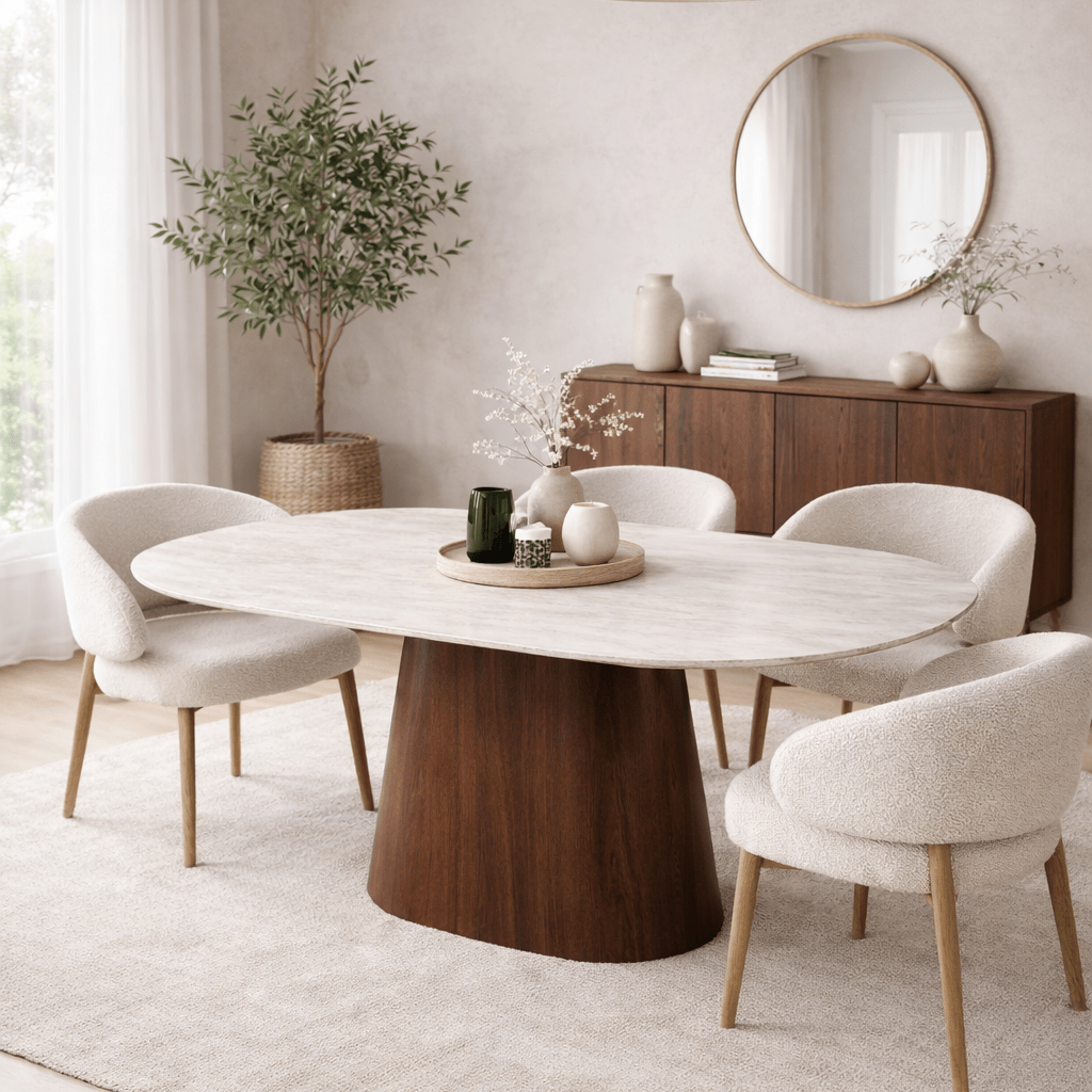 Sintered Stone Marmerlook Travertine Eettafel Lea 180x90 cm - Walnoot Frame - Deens Ovaal