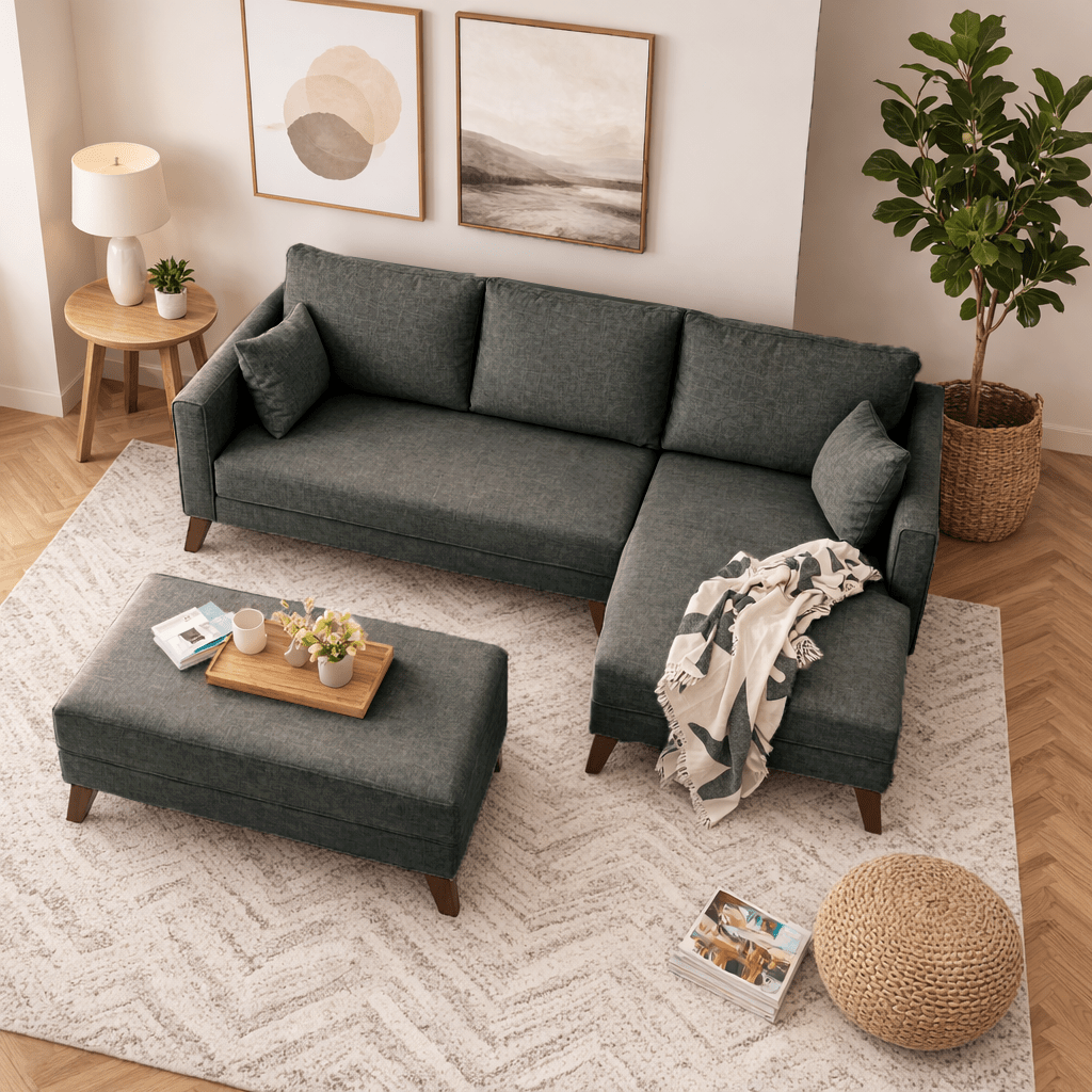 Banken - Slaapbank antraciet stof - hoekbank inclusief hocker - Rechts - Bella - Dimehouse