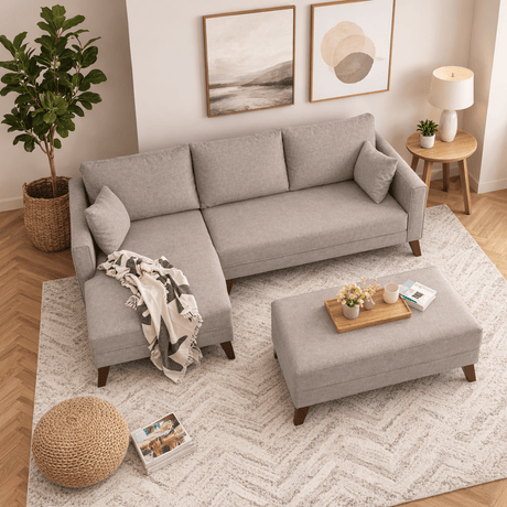 Slaapbank champagne stof -  hoekbank inclusief hocker - Links - Bella