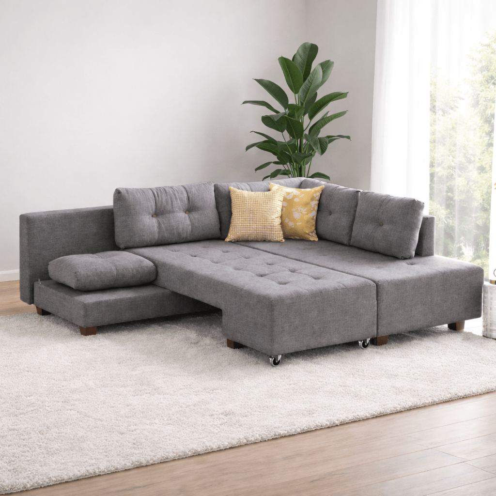 Slaapbank grijs stof - tweepersoons -  XL 280x206 cm - met wielen - Rechts - Manama