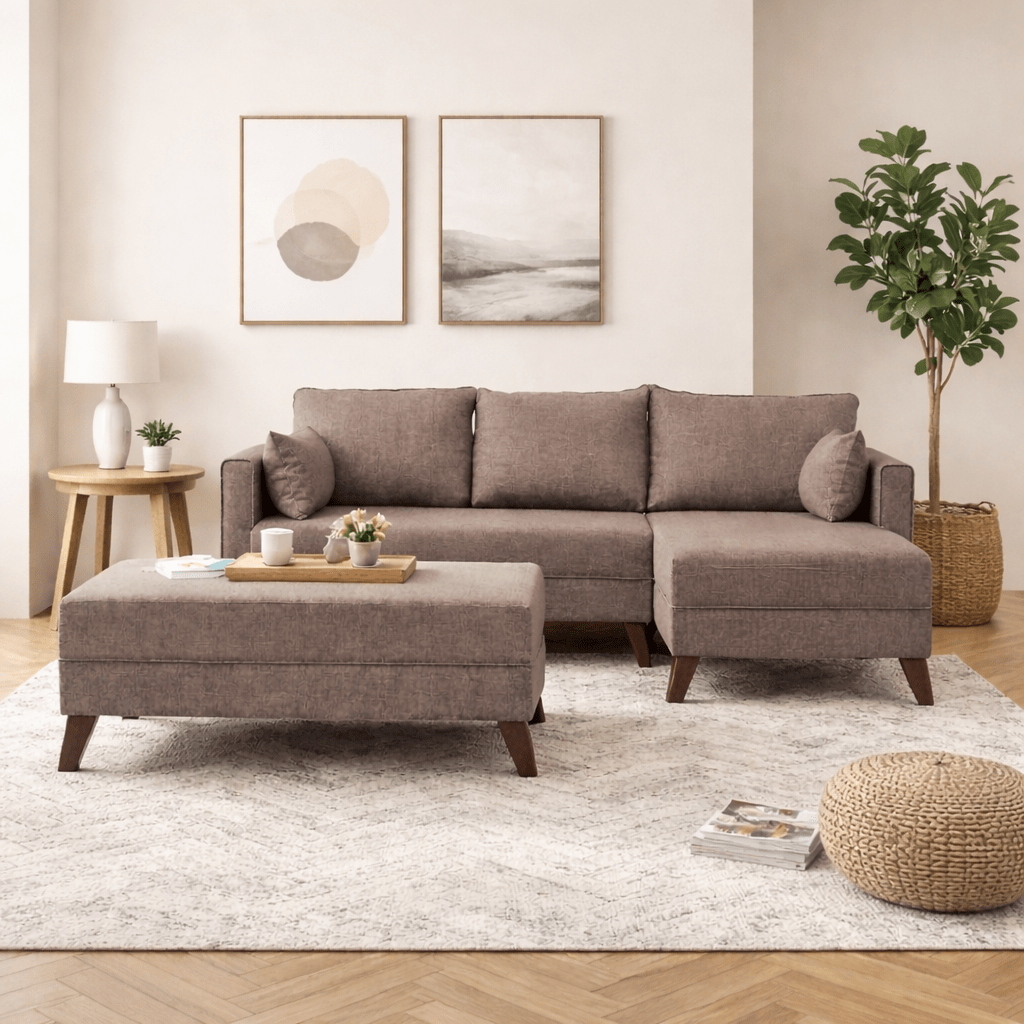 Slaapbank taupe stof - hoekbank inclusief hocker - Rechts - Bella