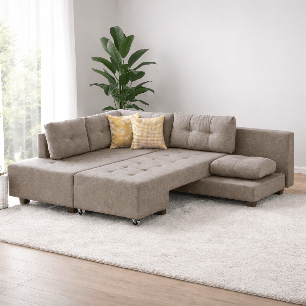 Slaapbank taupe stof - tweepersoons -  XL 280x206 cm - met wielen - Links - Manama