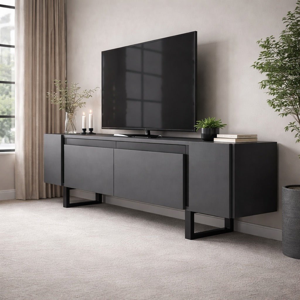 TV Meubels - TV Meubel Antraciet Yildiz 180x50x30 - Zwart Frame - Dimehouse