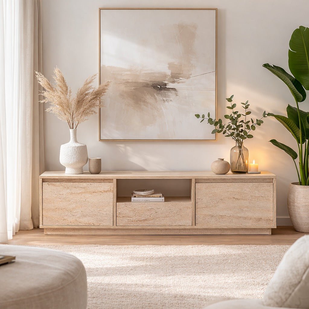 TV Meubel Travertine Melamine - drie kastjes - 160x42x29,5 cm - Flare