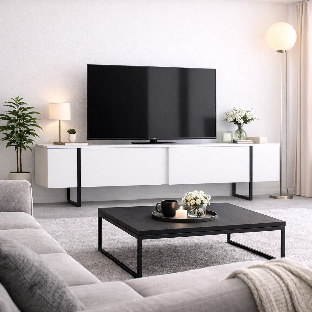 TV Meubel Luxe Wit Zwart Melamine 180x50x30 cm