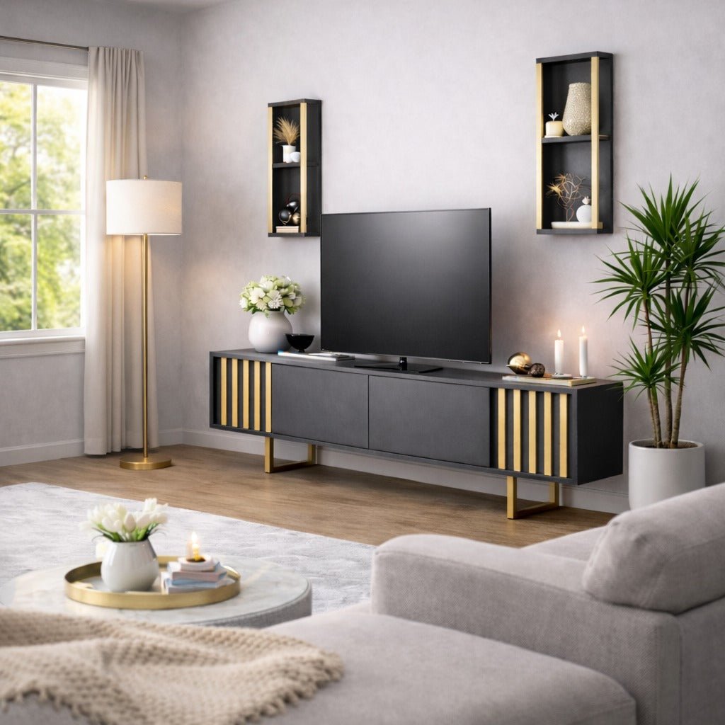 TV Meubel Set Gold Line Antraciet Zwart Melamine 180x48x30 cm