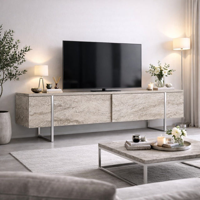 TV Meubels - TV Meubel Travertin Luxe 180x50x30 - Zilver Frame - Dimehouse