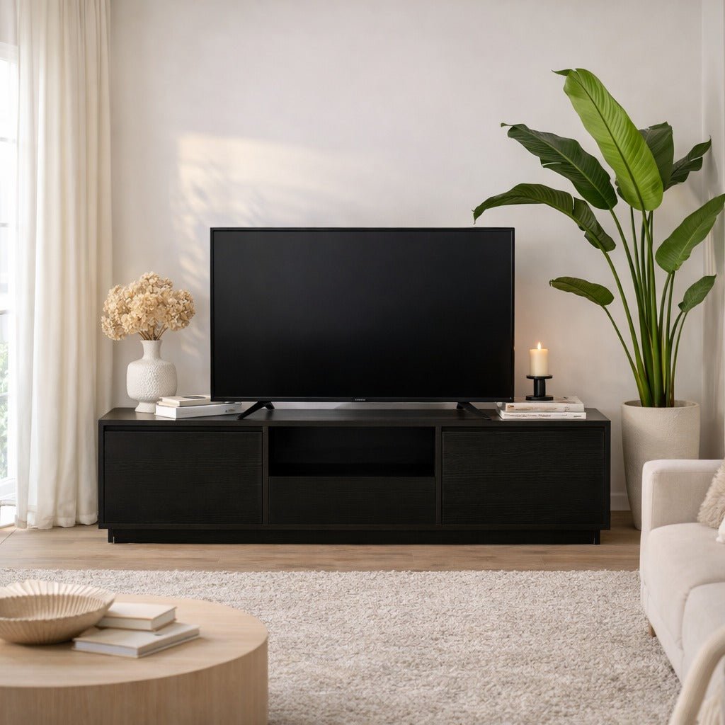 TV Meubel Zwart Melamine - drie kastjes - 160x42x29,5 cm - Flare