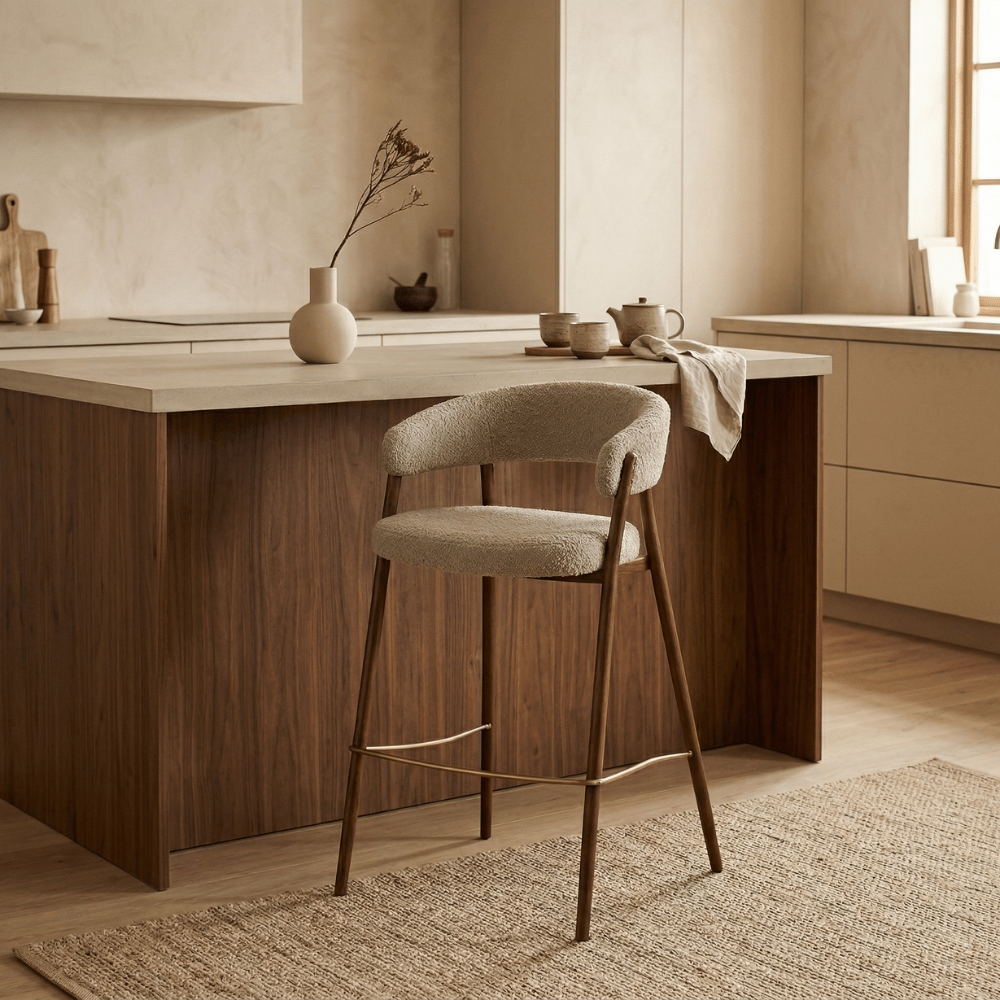 Barstoel bouclé zandkleur Ryo - walnootlook frame - Japandi