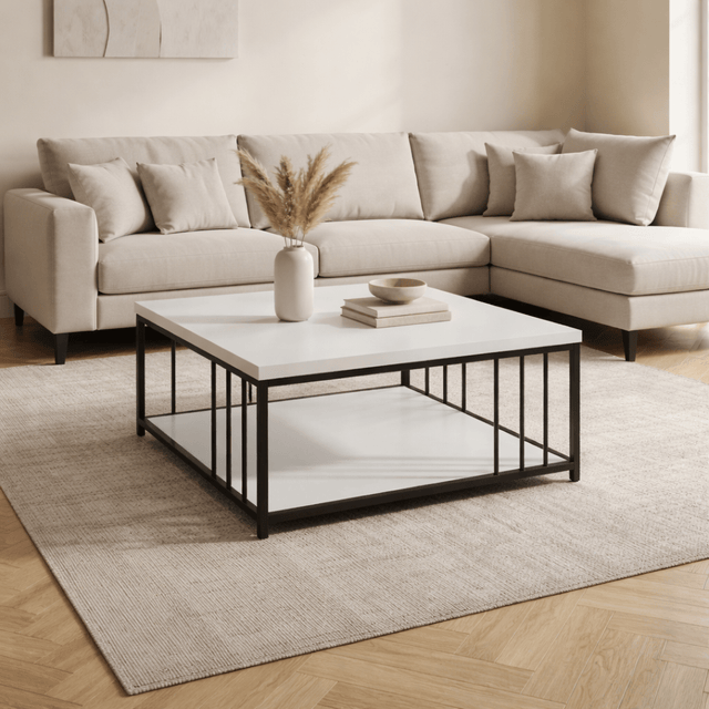 Salontafels - Vierkante Salontafel Wit Zenn 90x90 - Zwart Frame - Dimehouse