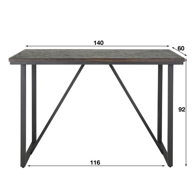 Bartafel Cleo DH Interior Brownwash LxBxH 145x60x60 Teak Witfoto maatindicatie