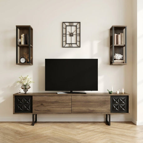 TV Meubel Set Black Line Walnoot Zwart Melamine 180x48x30 cm sfeerfoto in modern interieur