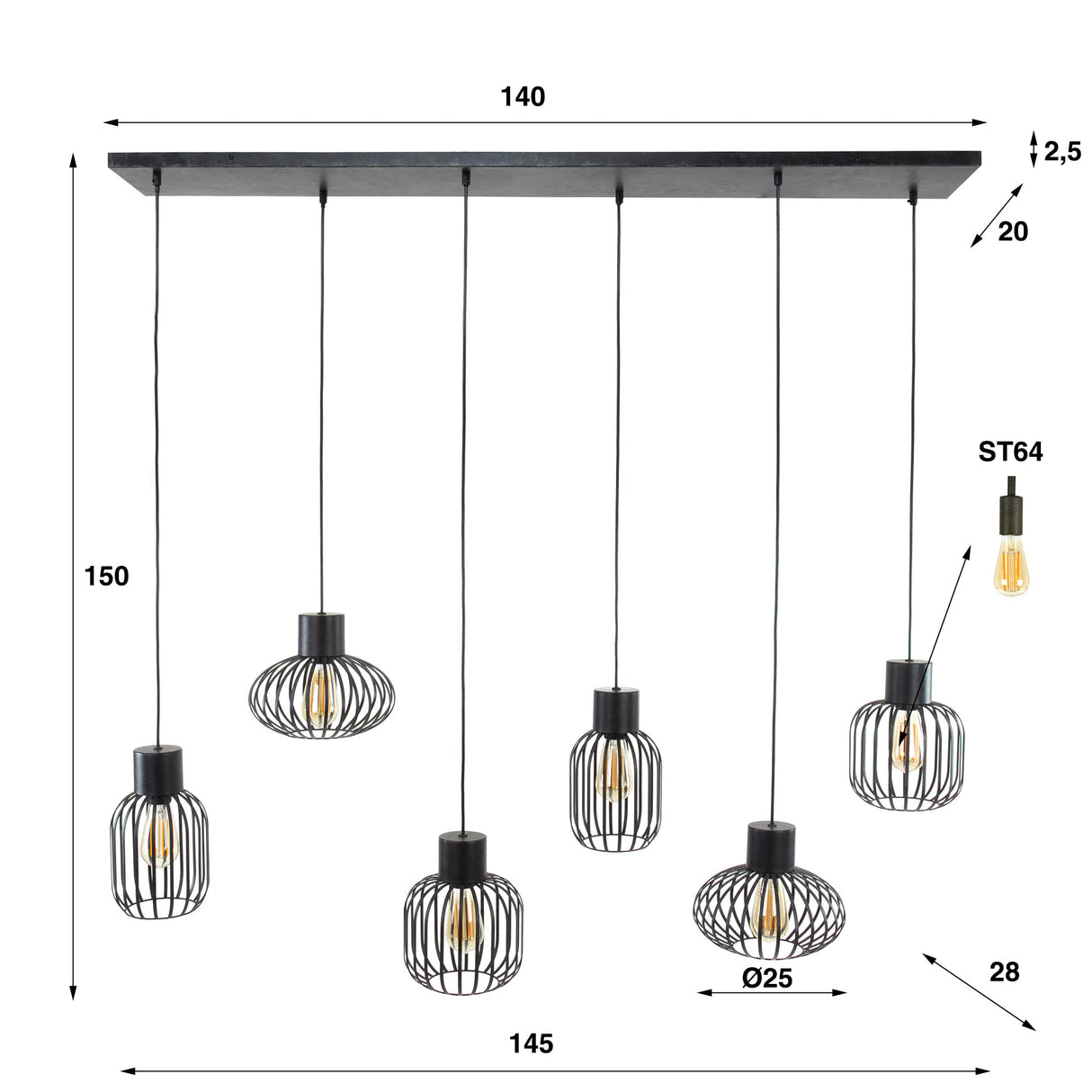 Hanglamp Luise DH Interior Charcoal LxBxH 143x28x24 Metaal Witfoto maatindicatie