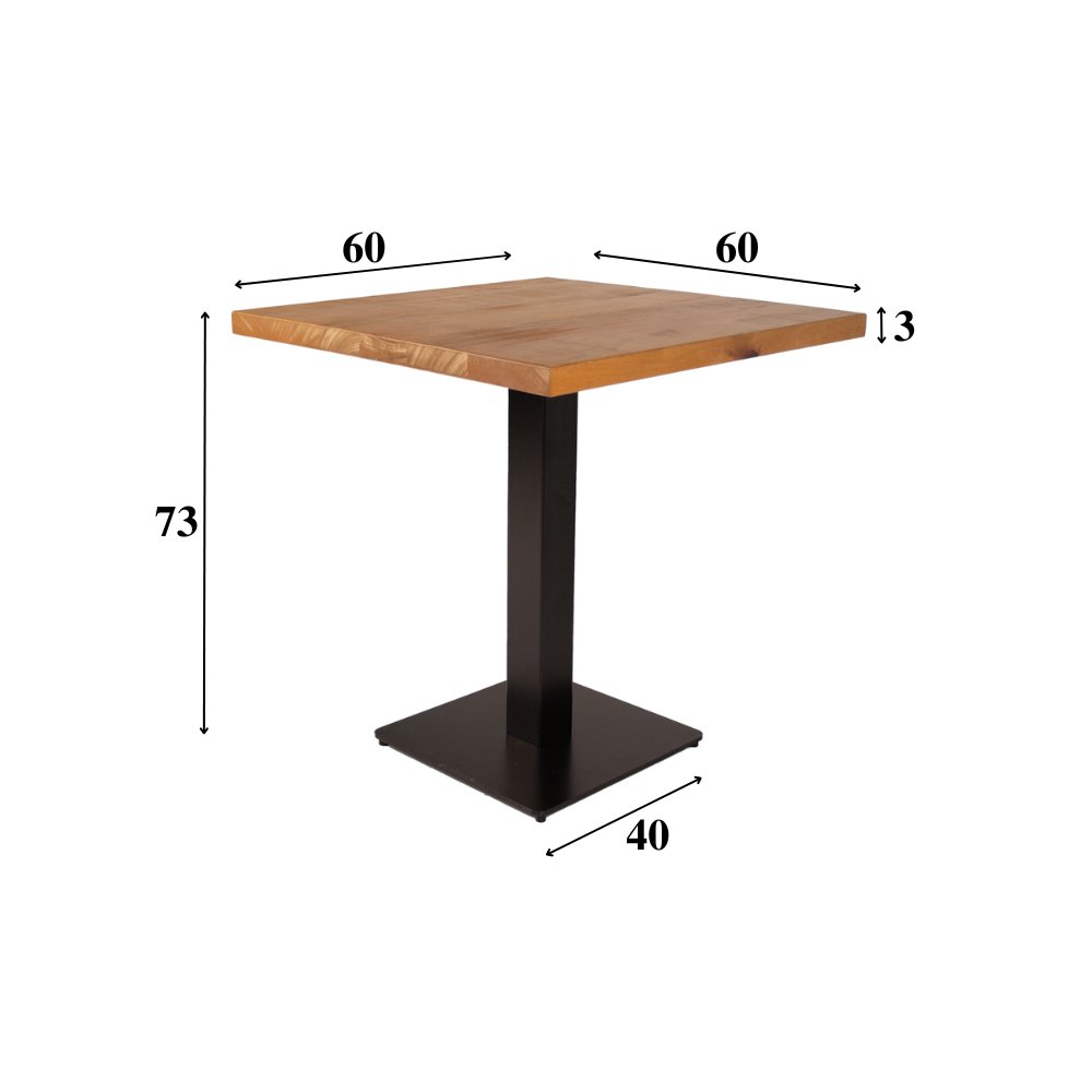 Eettafel Bistrotafel Vierkant Dimehouse Bruin LxBxH 66x66x7 Mangohout Witfoto maatindicatie